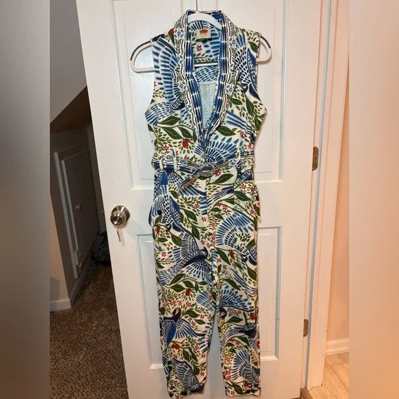 FARM Rio Sleeveless V-Neck Printed Jumpsuit in Blue, Green & Red - Picture 1 of 8